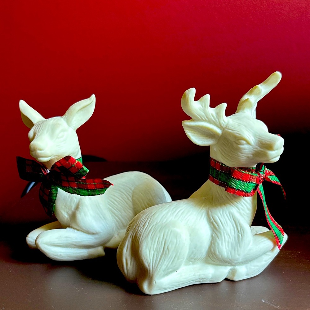 Elegant Cream Deer Figurines with Plaid Accents